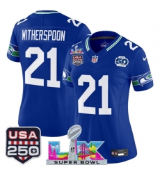 Women Seattle Seahawks 21 Devon Witherspoon Royal 2025 F U S E Super Bowl LX Patch And 50th Season USA 250 Patch Vapor Throwback Limited Stitched Football Women Seattle Seahawks 21 Devon Witherspoon Royal 2025 F U S E Super Bowl LX Patch And 50th Season USA 250 Patch Vapor Throwback Limited Stitched Football