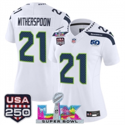 Women Seattle Seahawks 21 Devon Witherspoon White 2025 F U S E  Super Bowl LX Patch And 50th Season  26 USA 250 27 Patch Vapor Limited Football Stitched Je