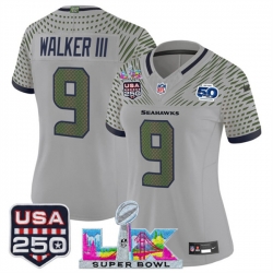 Women Seattle Seahawks 9 Kenneth Walker III Gray 2025 F U S E Super Bowl LX  US 250th anniversary Patch And 50th Season Patch Rivalries Vapor Limited Footb