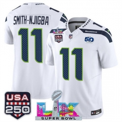 Youth Seattle Seahawks 11 Jaxon Smith Njigba White 2025 F U S E  Super Bowl LX Patch And 50th Season  USA 250 Patch Vapor Limited Stitched Football Jersey