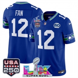 Youth Seattle Seahawks 12 Fan Royal 2025 F U S E  Super Bowl LX Patch And 50th Season  USA 250 Patch Vapor Throwback Limited Stitched Football Jersey